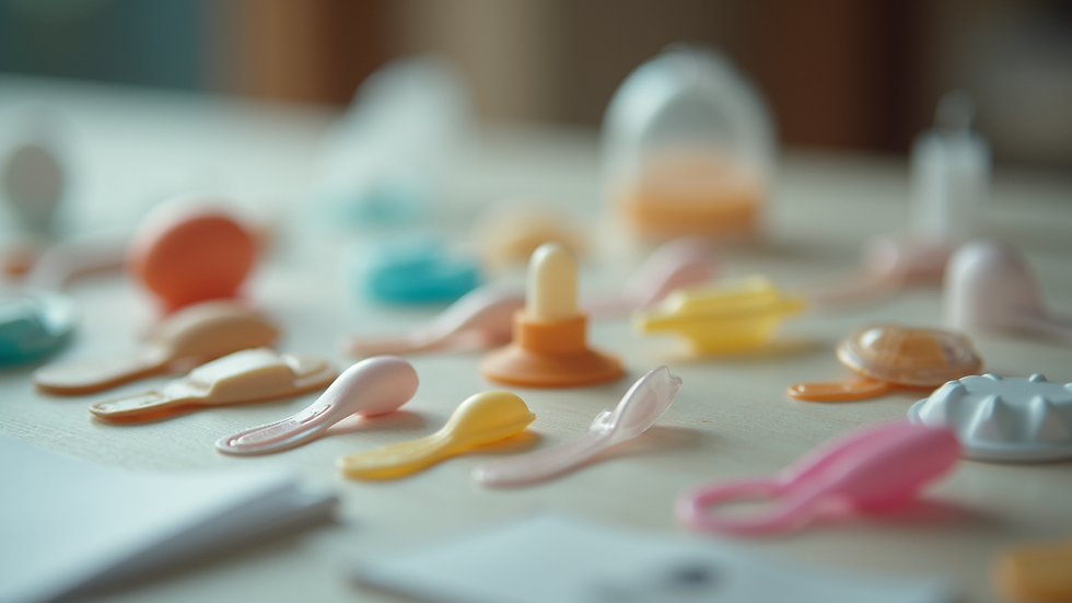 Close-up view of a variety of contraceptive methods displayed on a table