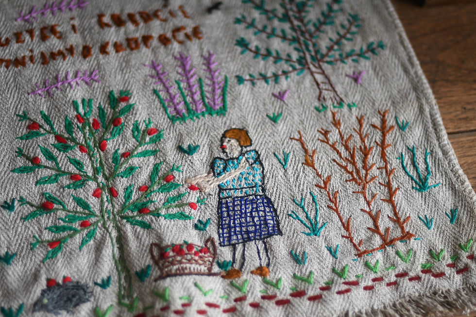 Thumbnail: アニャおばあちゃんの刺繍タペストリー　りんごの木の下で