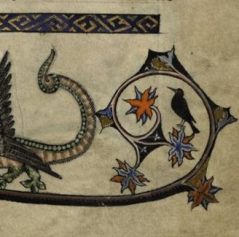 Mediaval Marginalia of a Raven on a bush watching the Dragon and Stag fight