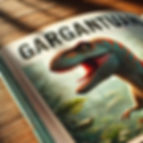 Open magazine with a vibrant dinosaur illustration and "GARGANTUAN" text on the cover, set on a wooden surface with warm lighting.