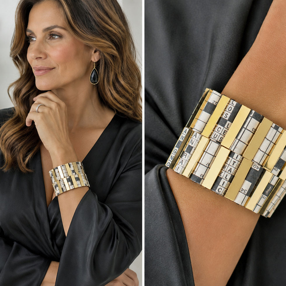 Recycled Newspaper Crossword & Gold Bracelet