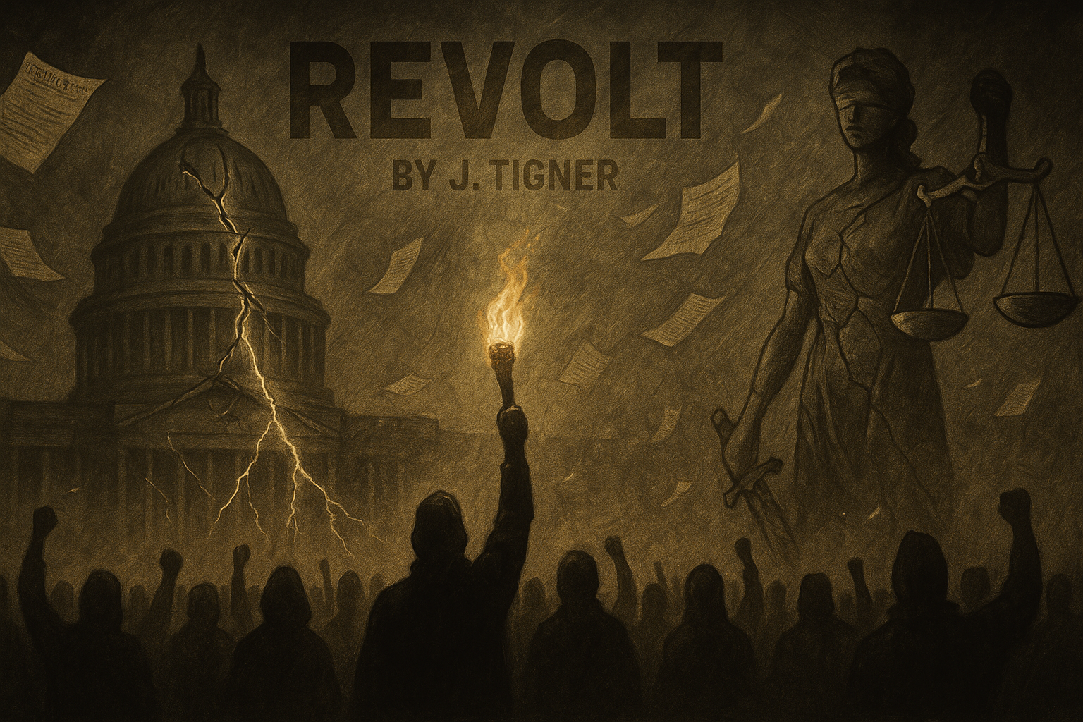 Sepia-toned digital drawing of a cracked U.S. Capitol and fractured Lady Justice, facing a shadowed crowd with raised fists and a blazing torch. Torn Constitution pages drift through smoke, symbolizing civil unrest, resistance, and the collapse of corrupt institutions. Artwork from the Revolt by J. Tigner movement.
