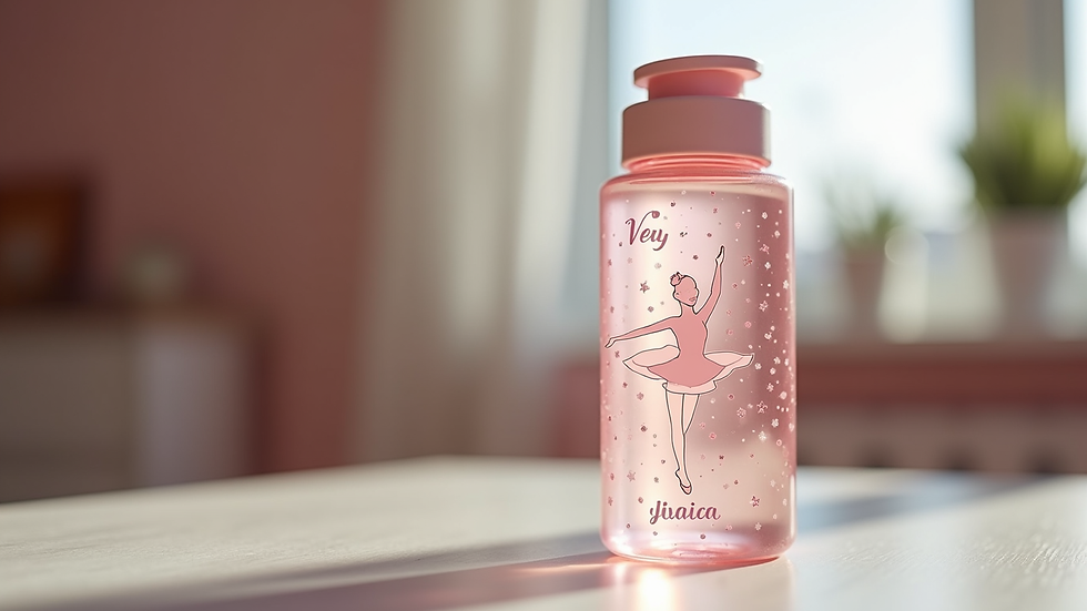 Close-up view of a personalized water bottle with dance-themed design