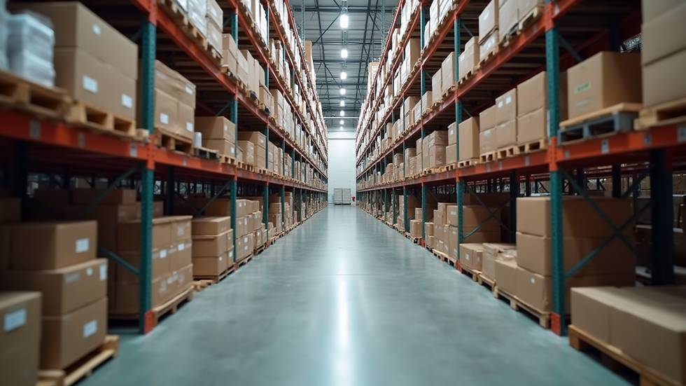 eye-level view of a warehouse aisle with organized shelves