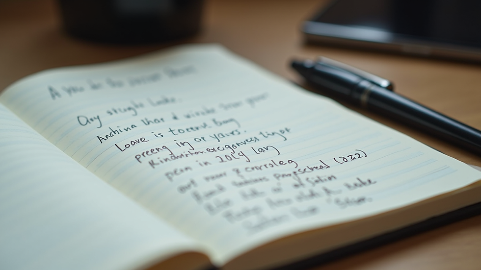 Close-up view of a notebook with handwritten notes and a pen