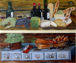 Two paintings displayed as a unit - entitled The garden, Work and Play