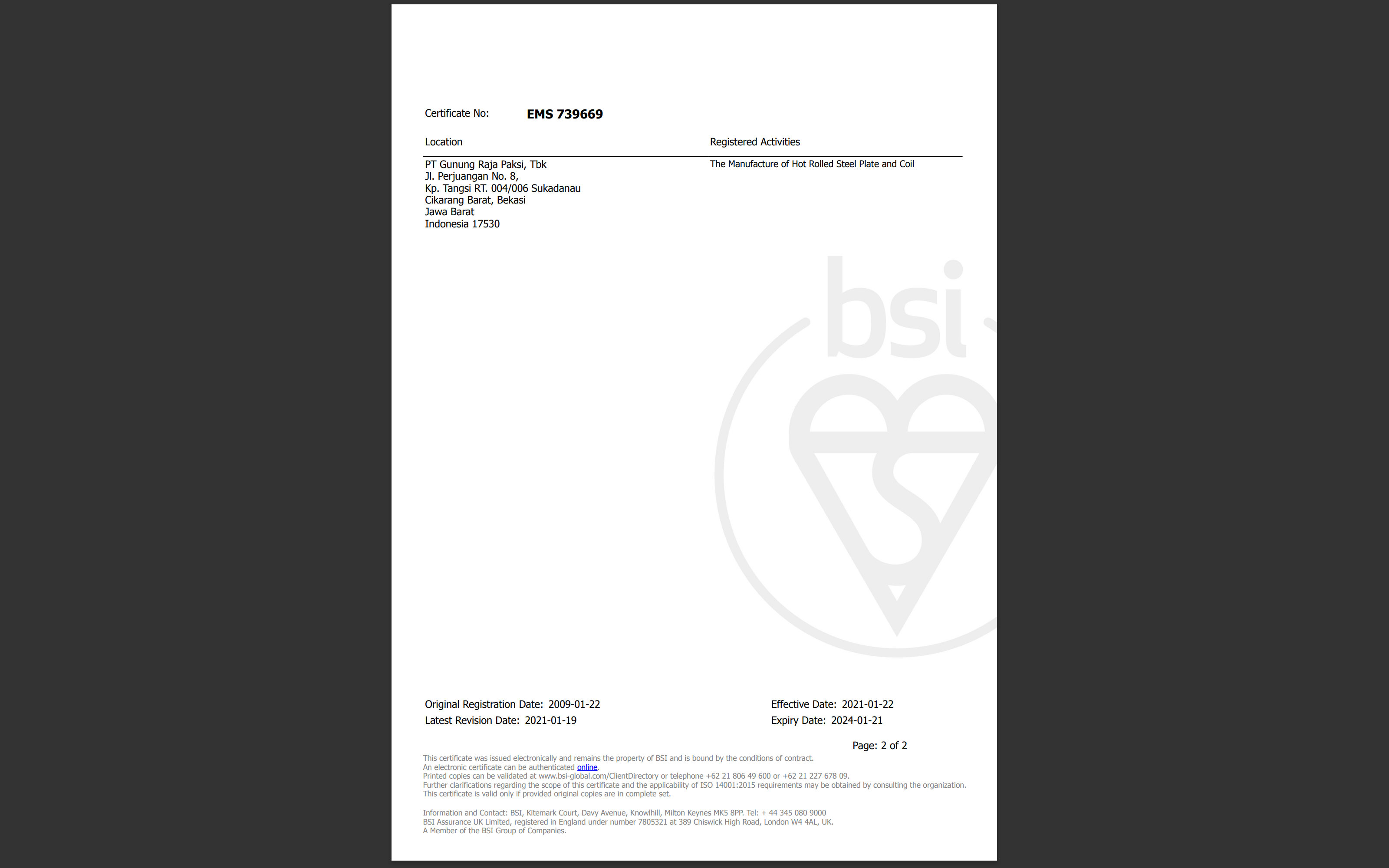 OSG Steel bsi Certificate
