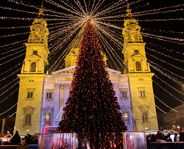 Lit up Christmas tree in front of cathedral