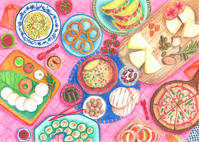 A sketch of an elaborate spread of dishes from across the globe