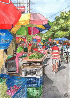 Watercolour sketch of a colourful market scene in Madras