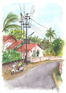 A watercolour painting of a red tiled roof home among trees in Goa