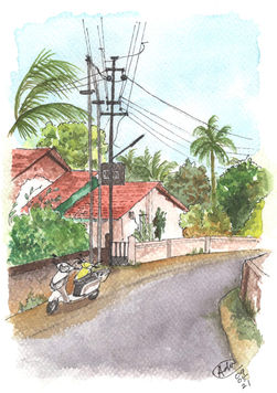 A landscape of a red brick tiled roof house among the green