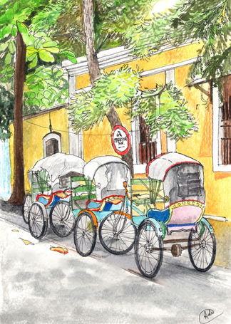 A watercolour sketch of tricycle carriages in Pondicherry
