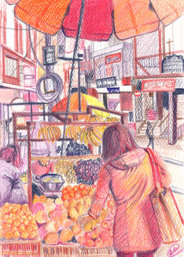 Pencil colour drawing of a fruit market in Mizoram