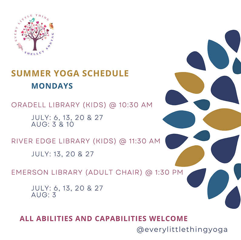 Shelley's in-person classes this summer on Mondays at libraries in Bergen County