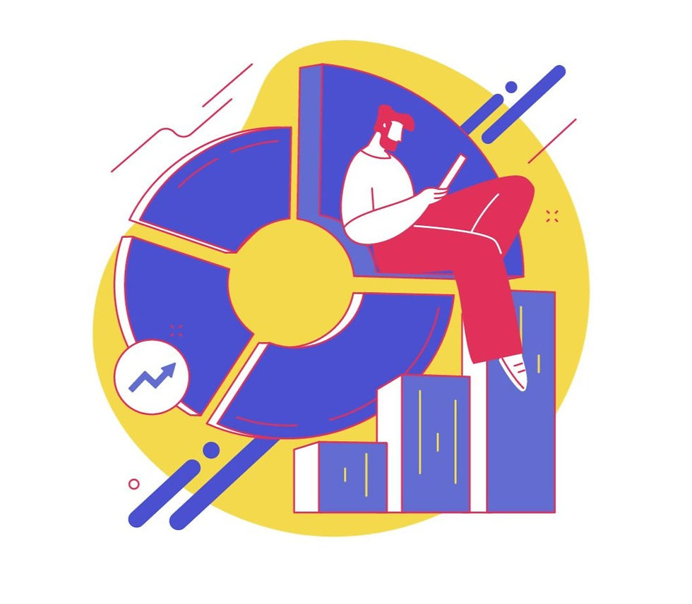 Illustration de graphique camembert et graphique barre avec un personnage assis dessus