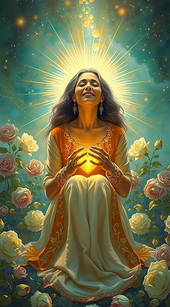 A beautiful middle-aged woman with her eyes closed and face lifted towards the heavens, si