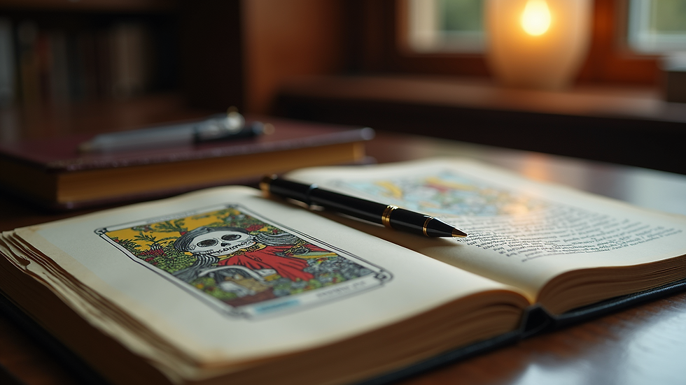Eye-level view of a tarot journal and pen on a desk