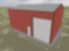 Red custom metal building with garage door and side entry.