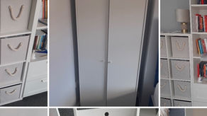 I'm moving out and selling these items - drawers with canvas boxes, lamp, chairs, rug, shelves etc…