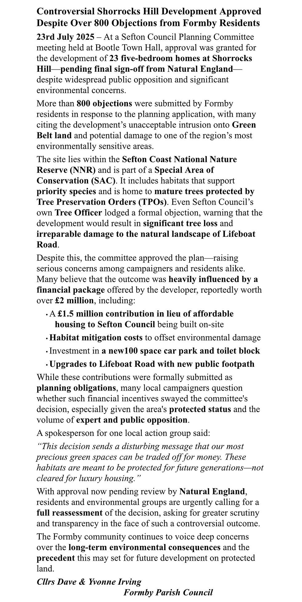 Letter from Parish Council