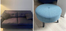 Navy Sofa and Denim Footstool from Dunelm for sale