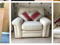Oak fire surround, TV stand and gPlan three-piece suite in cream leather for sale
