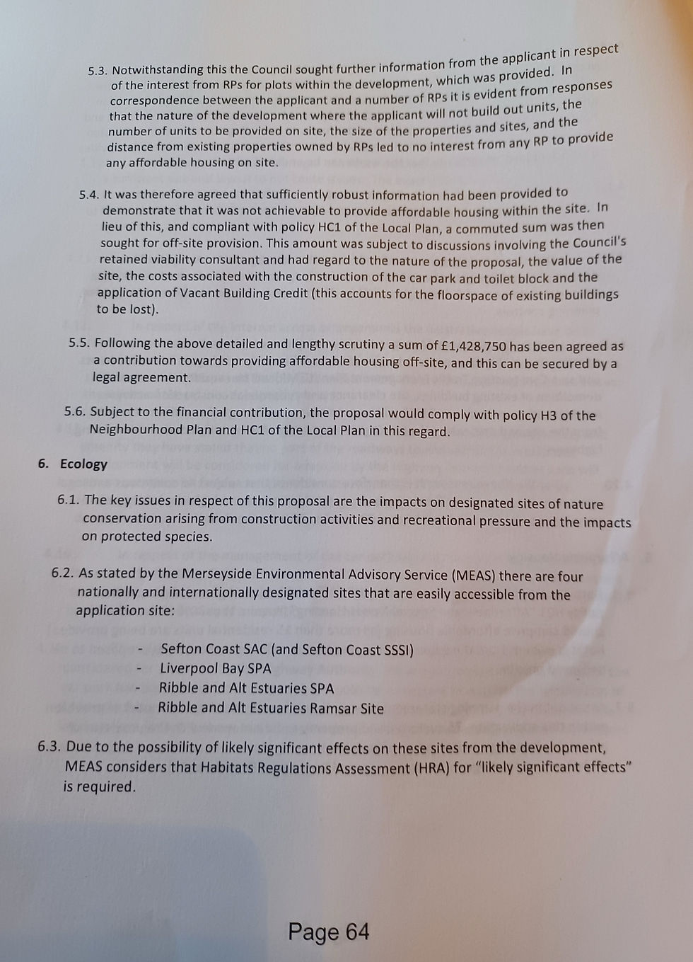 A copy of the planning agenda that shows the exact amount of money being offered to Sefton Council, item 5.5
