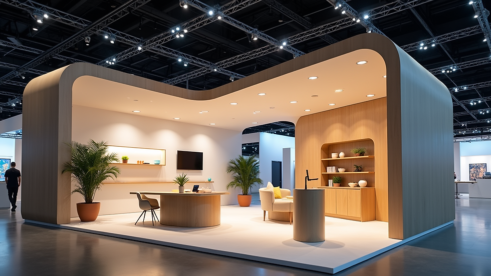 Eye-level view of a custom trade show booth featuring innovative design elements