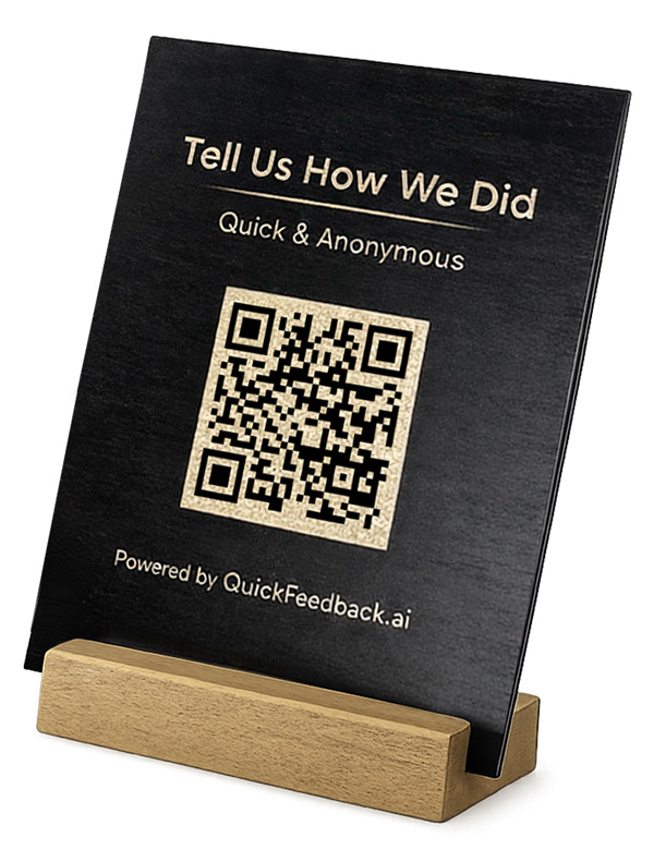 QuickFeedback Black Edition QR feedback sign with wooden stand