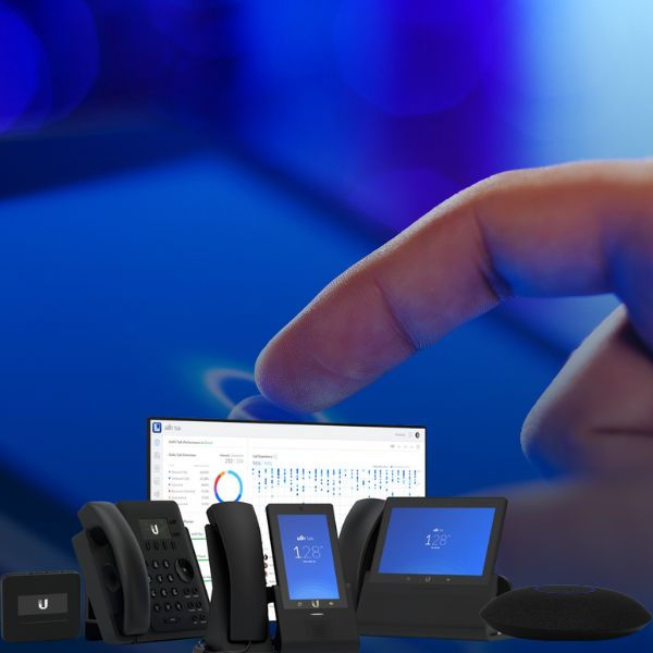 Hand interacts with digital devices and displays, showing various communication technologies