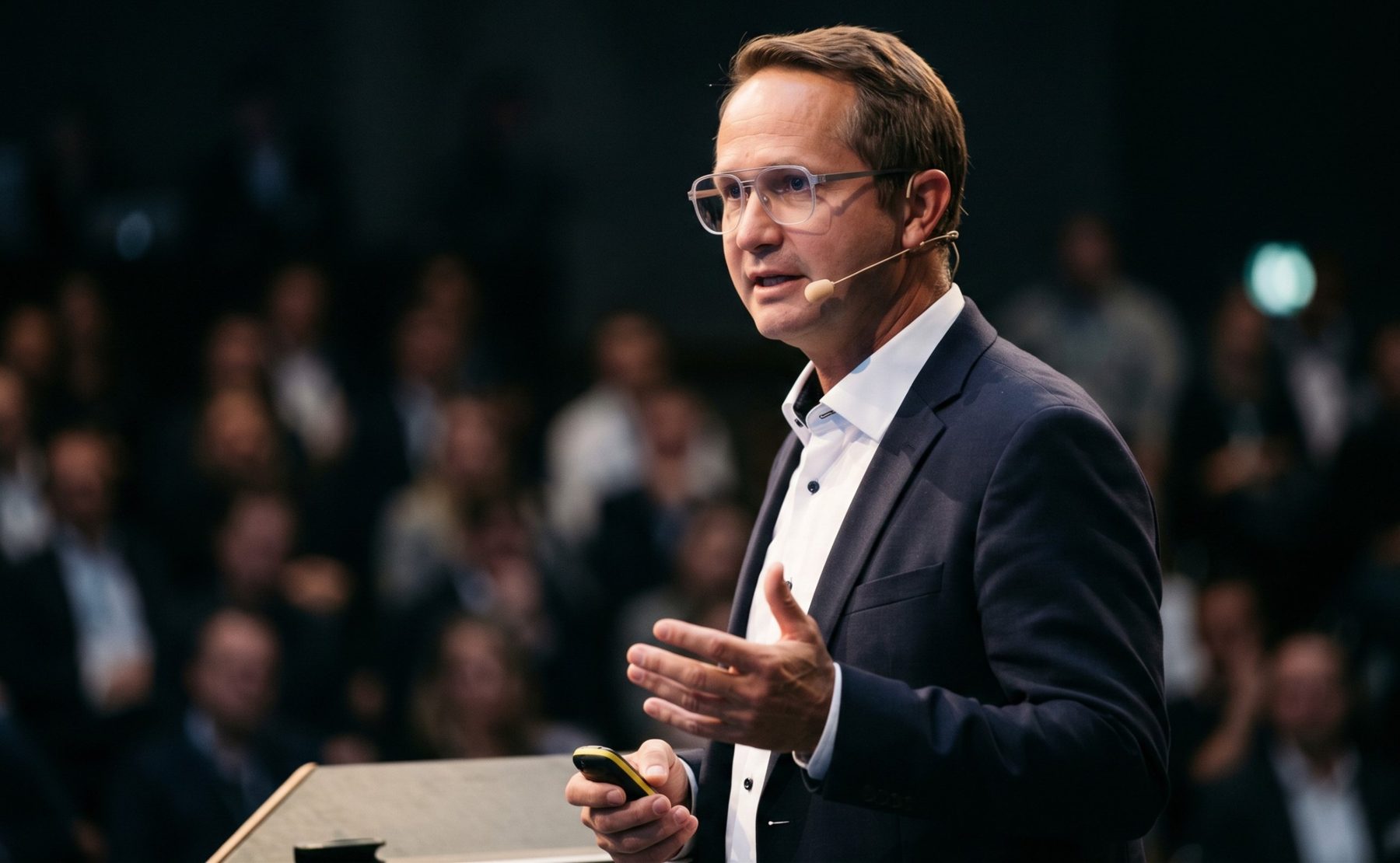 Michael Lewrick giving a keynote on stage in front of a large audience