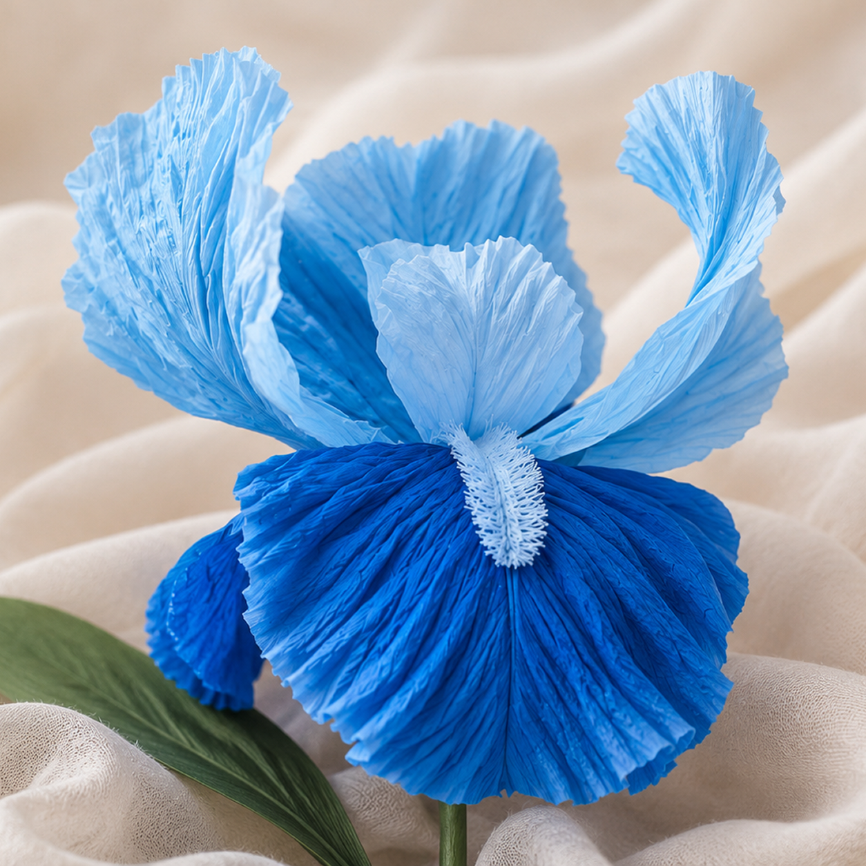 Iris decorativ gigant albastru realizat manual din hârtie creponată premium, fotografie artistică de produs