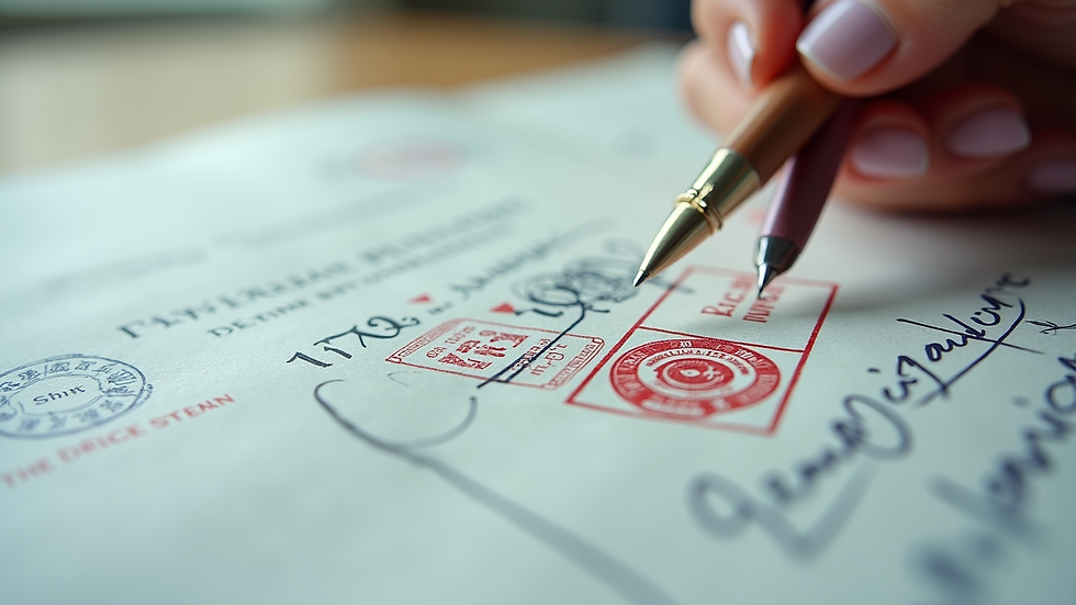 Close-up view of official documents with stamps and signatures