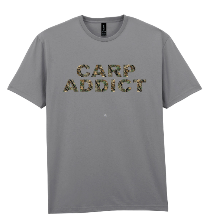 Thumbnail: Custom Made Carp Addict Fishing T-Shirt with Camo Text