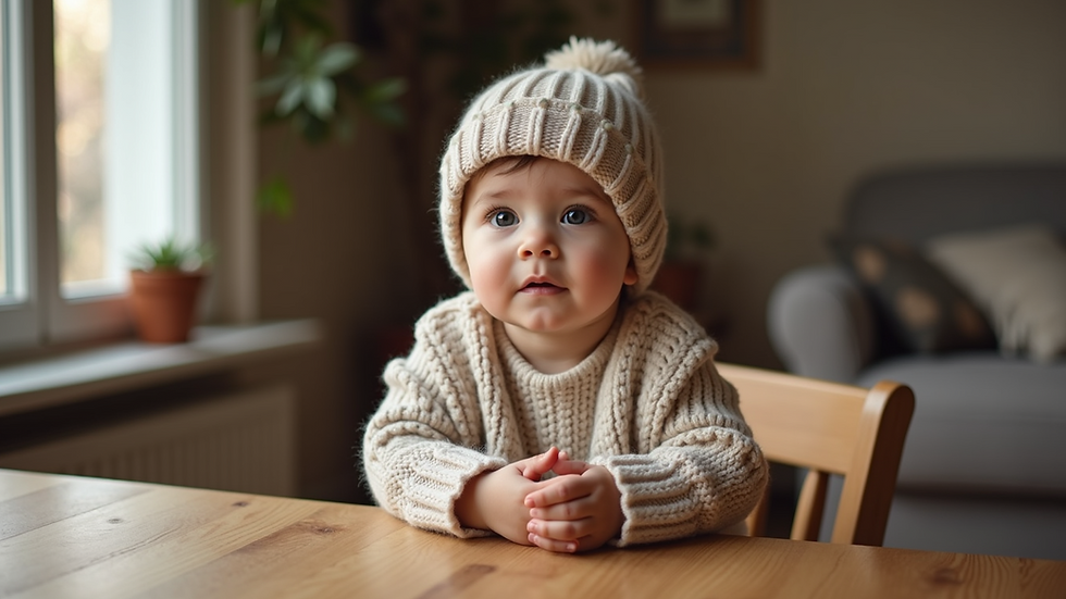 Eye-level view of a cozy toddler sweater and hat set
