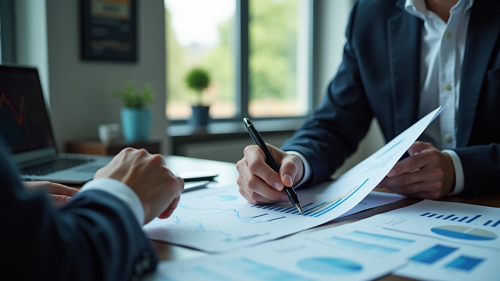 Close-up view of a business consultant analyzing data charts