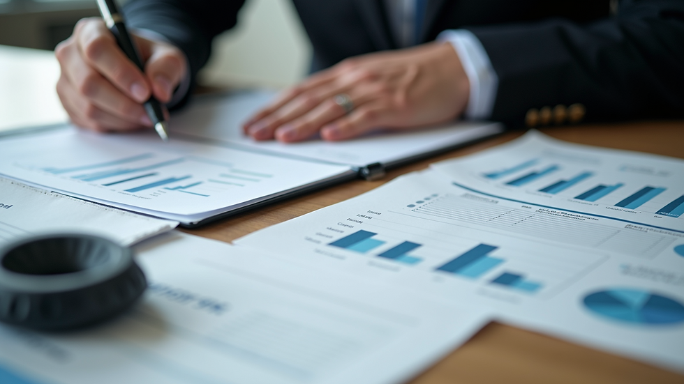 High angle view of a professional’s desk filled with financial documents