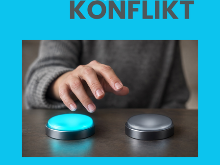 Eine Hand schwebt unentschlossen zwischen einem leuchtend türkisen & einem grauen Knopf – Sinnbild für den Moment kurz vor der Entscheidung zwischen Spannung & Konflikt