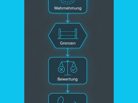 Flussdiagramm der vier Schritte Wahrnehmung, Grenzen, Bewertung & Verhalten – Symbolbild zum Artikel über die Grenzen von Resilienz