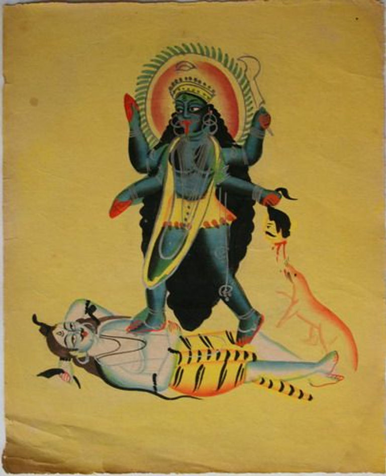 Kalighat style painting of Kali standing atop Shiva on yellow parchment background