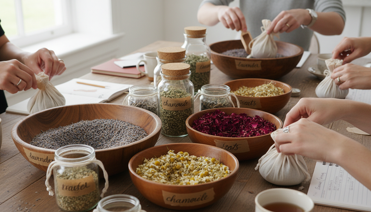 Eye-level view of hands filling muslin bags with dried herbs during a small herbal workshop.