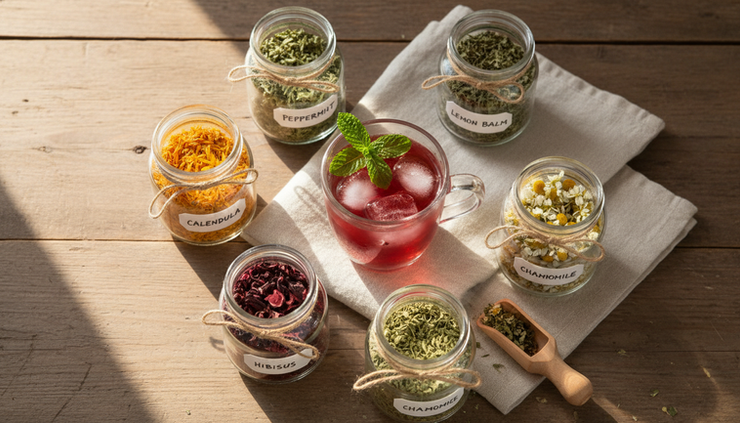 Overhead view of dried herbs and glass jars arranged beside a summer herbal tea blend.