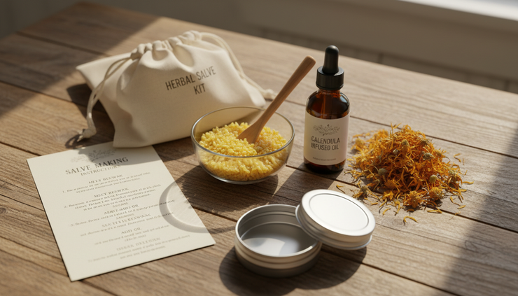 Close-up of a herbal salve kit with beeswax, infused oil, tins, and dried calendula flowers.