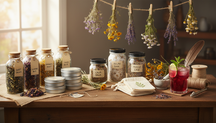 Wide-angle view of a cozy herbal worktable with finished tea blends, salve tins, and bath soak jars.