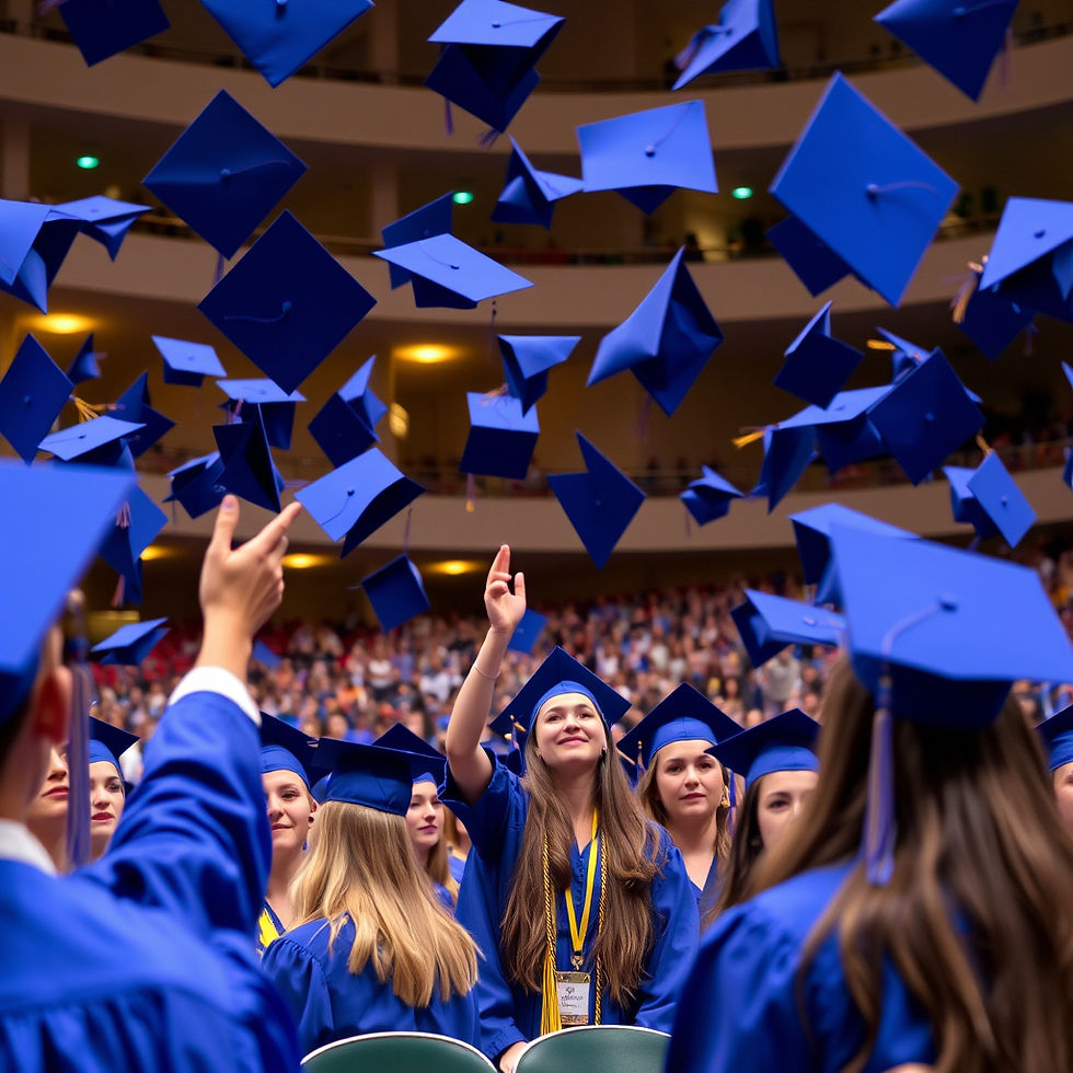 A a graduation ceremony, caps are being thrown. The schools colors are royal blue with sil