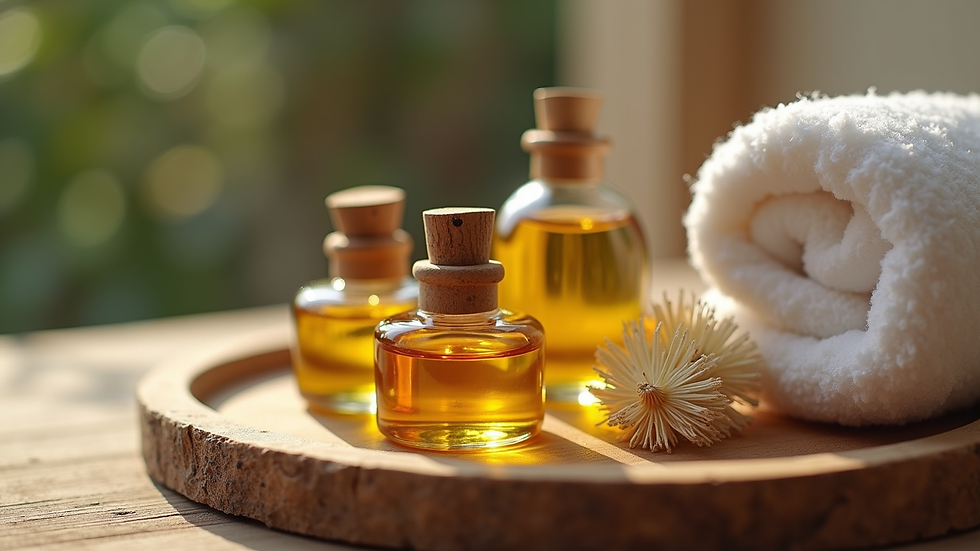 Close-up view of aromatic oils and spa accessories arranged on wooden tray