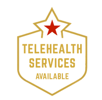 Gold badge with red star reading “Telehealth Services Available,” representing Pinnacle Men’s Health’s virtual care options f