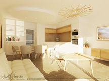 Aménagement d'un séjour dans un appartement à la Baule, Intérieur lumineux, chaleureux, convivial, bois et blanc. Décoration bord de mer moderne, concept de l'écume. Réalisation Nouvelle Perspective, architecte d'intérieur à Guérande, La baule, Pornichet, Mesquer, la turballe, Piriac-sur-mer, Camoel.
