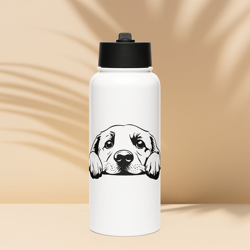 White water bottle with dog graphic, Edelstahl Trinkflasche mit Strohhalm, against beige background.